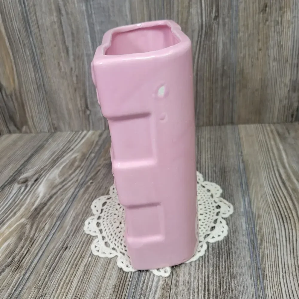 Vintage FPCO Pink Ceramic Vase 1950s MCM Rectangular Planter Leaf Sprig Pottery - Picture 4 of 7